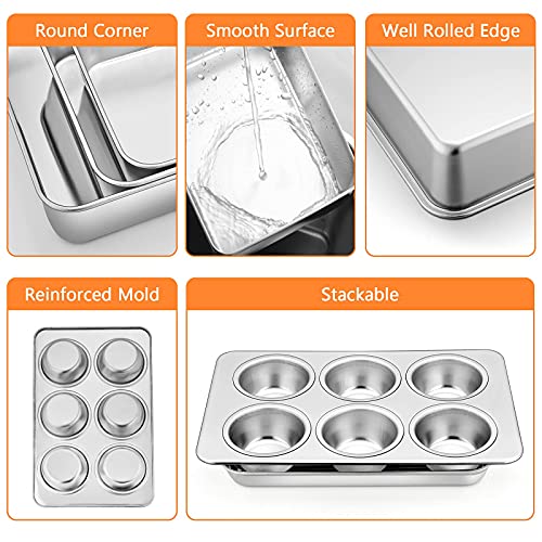Toaster Oven Baking Pans Set, E-Far 4-Piece Stainless Steel Bakeware Set, Include Rectangle Cake Pan/Baking Cookie Sheet With Rack/Muffin, Non-Toxic & Heavy Duty, Dishwasher Safe #TOP4