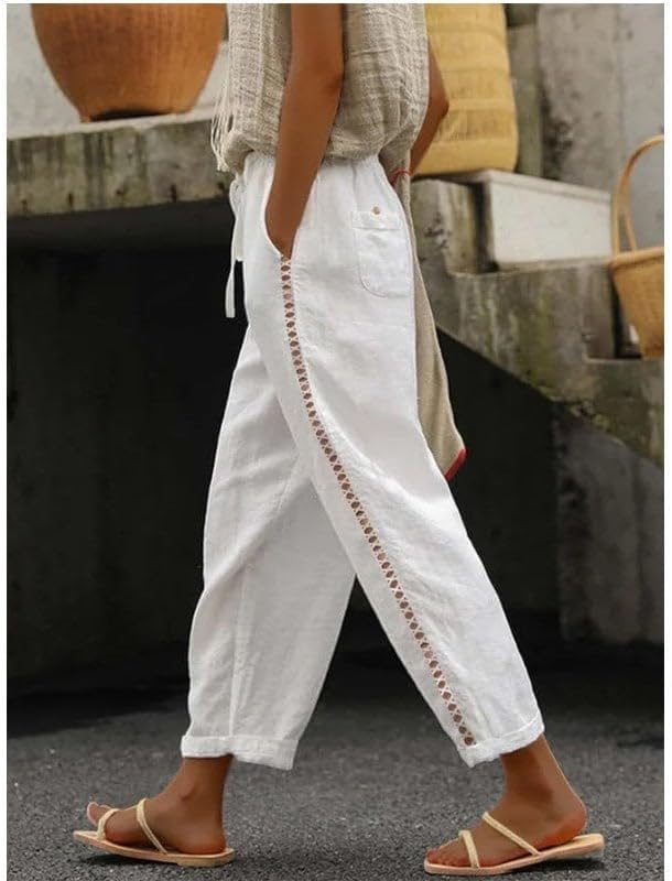 Women Linen Pants Summer Casual Drawstring Elastic Waist Pants Lightweight Capris Beachwear - Image 2