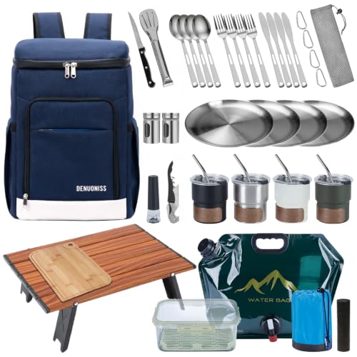 Image of Picnic Backpack Bundle Set Camping Gear with Fold Table & Waterproof Blanket & Stainless Steel Utensils for 4-Person Family Hiking Essentials (Blue, A-4 Person)