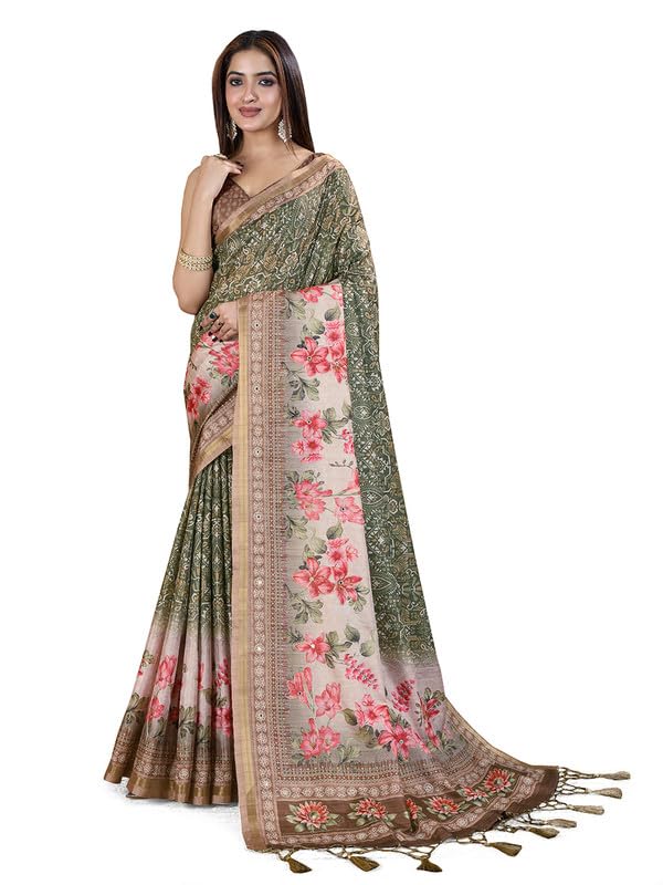 DOI MOI Silk Blend Printed Saree For Women With Mirror & Hand Aari Work And Unstitched Blouse Piece (MANGALGIRI)