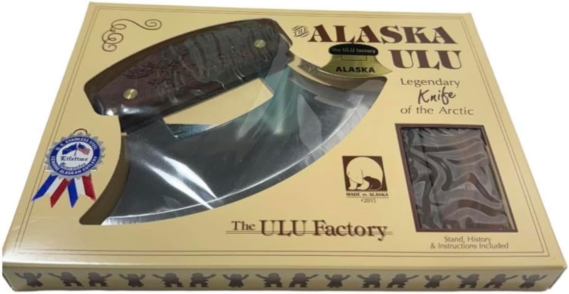 The Ulu Factory Alaska American Walnut Ulu Knife 6" Stainless Steel Blade with Block Wood Stand Moose Head