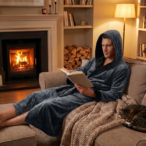 Image of U2SKIIN Mens Hooded Robe, Plush Robes for Men Long Fleece Bathrobe