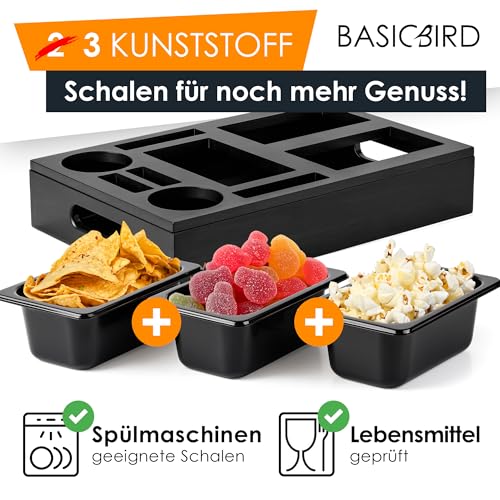 BASICBIRD® Couchbar Snackbox - Organizer Tablett- Snackspender mit 3X Snackschale - Holz Sofatablett für Sofa, Deko, Couch Bar mit Getränkehalter und Fächern – Wohnmobilausstattung (Black Edition)