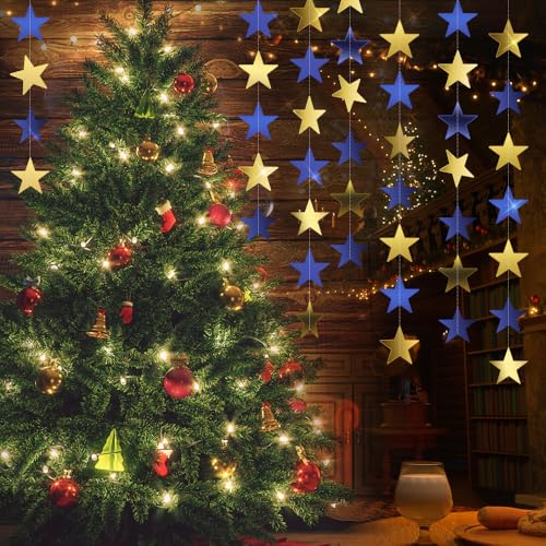 Image of Star Garland Banner, 5PCS 66FT Double-Side Blue Gold Star Hanging Bunting Banner Backdrop for Birthday, Wedding, Baby Shower, Christmas Party Decorations