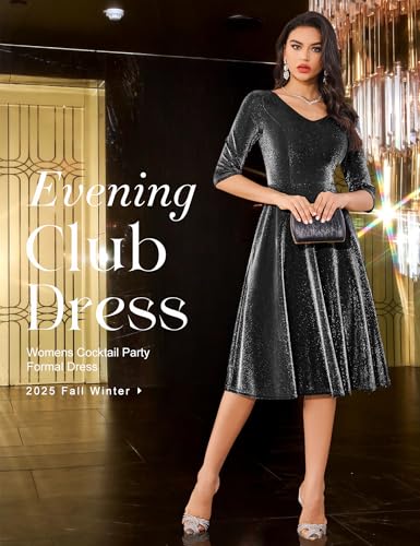 Dressystar Womens 3/4 Sleeves Bridesmaid Midi Dress Wedding Guest Formal Party Dresses Sparkly Cocktail Dress with Pocket2