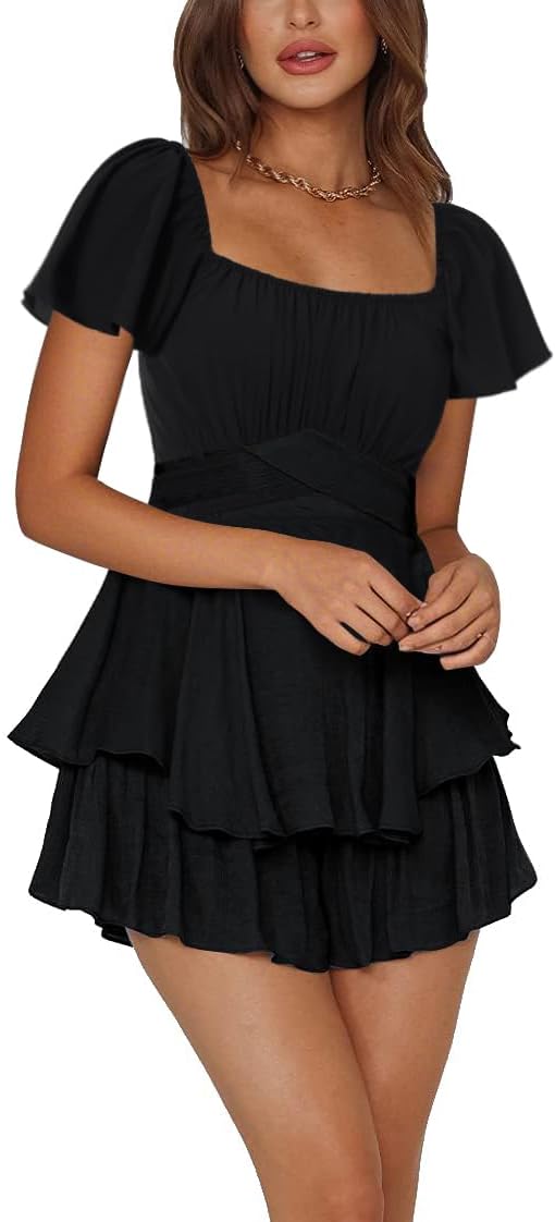Rooscier Women's Jumpsuit Short Sleeve Ruffle Layer Square Neck Tie Mini Short Rompers - Image 5