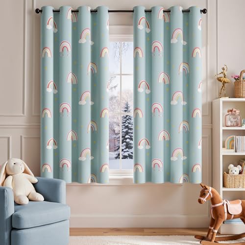 jinchan Nursery Blackout Curtains for Kids Room Rainbow Blue Curtains