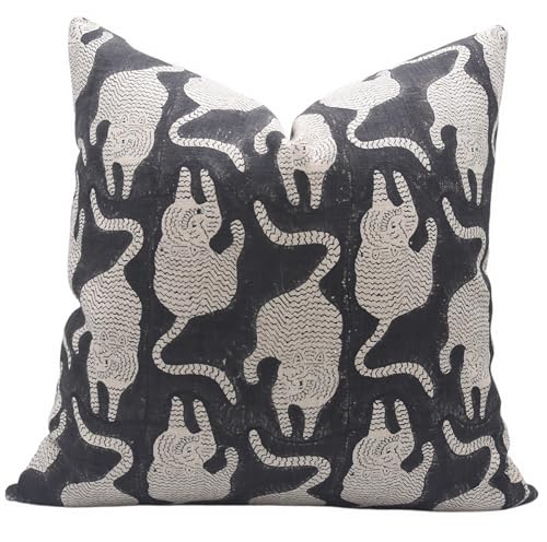 Fabritual Fundas de almohada de lino grueso con estampado de bloques de 20 x 20 pulgadas, fundas de almohada hechas a mano para sofá y sofá, funda de cojín con estampado floral para exteriores con