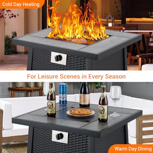 28 Inch Propane Fire Pit, CSA-Listed Outdoor Gas Fire Pit, 50,000 BTU Steel Fire Table with Lid and Lava Rock, Gas Fire Pits for Patio, Stainless Steel Burner Head for Warmth Ambiance Black