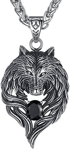 Aoiy Men's Stainless Steel Tribal Wolf Biker Pendant Necklace, 24" Link Chain