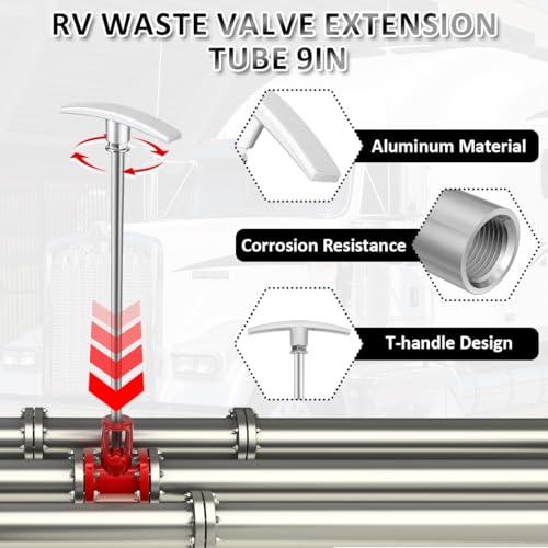 Image of RV Sewer Valve Handle Extension Tube 9 inch Fit for RV Camper Waste Valve, RV Black Grey Water Tank Pull Handle Valve RV Sewer Hose Kit with Extra Valve Handle