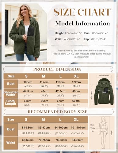 RITOSTA Fleecejacke Damen Winter Teddyjacke mit Kapuze Teddyfleece Kapuzenpullover Warme Herbstjacke Winterjacke Sherpa Damen-Jacken Zipper Hoodie Mantel Outdoor Plüschjacke mit Taschen(Grün,M)