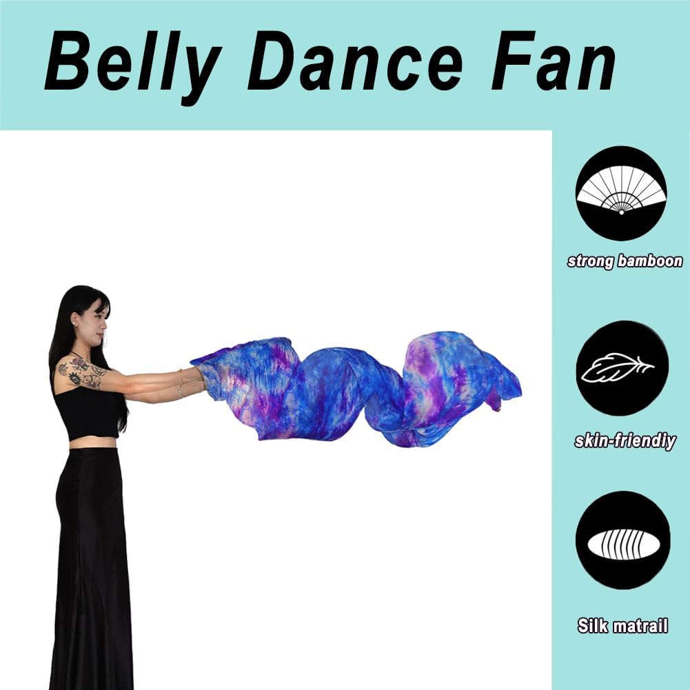 Women Chinese Natural Silk Hand Made 1 Pair (Left+Right) Belly Dance Fan Veils Length 1.8m Width 0.9m