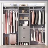 Girapow 96 inch Closet System with 3 Wooden Drawers, Closet Organizer System with Storage Shelves Cutable, Wall-mounted Closet System with 3 Adjustable Hanging Rods for Walk-in Closet, Grey