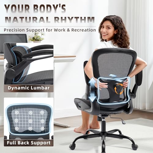 Office Chair, Ergonomic Desk Chair with Adjustable High Back 2D Lumbar Support Flip-up Armrests, Executive Breathable Mesh Comfy Swivel Rolling Computer Task Chair for Home Office Study Work Gaming - Image 5