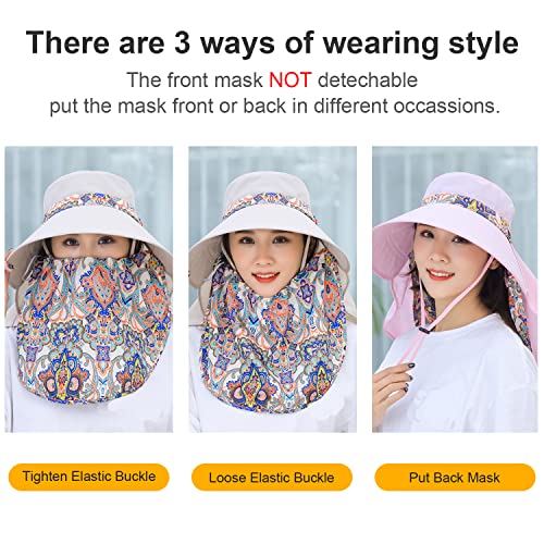 Image of Women Wide Brim Face Mask Sun Hat Detachable Neck Face Flap Ponytail UV Protection Visor Hat Garden Fishing Hiking