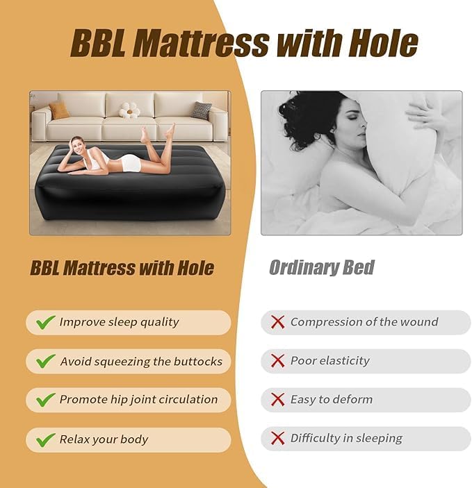 BBL Mattress Bed with Hole, Post Surgery Recovery Bed with Hole, 72x40x17inch PVC Inflatable Bed BBL Pillow After Surgery Air Mattress with Electric Air Pump Valve Interface, Black