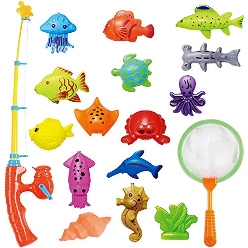 CozyBomB Kids Fishing Bath Toys Game - 17Pcs Magnetic Floating Toy Magnet Pole Rod Net, Plastic Floating Fish - Toddler Education Teaching and Learning Colors (Bath)
