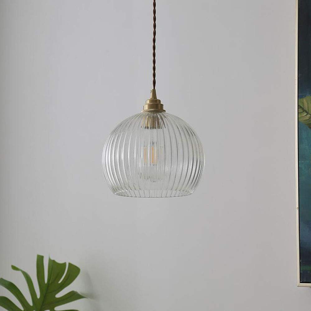 LYMSXAZOU Vintage Brass Ribbed Glass Pendant Light Modern Adjustable Ceiling Fixture with Clear Shade for Kitchen Dining Room Bedroom - E27/E26 Socket