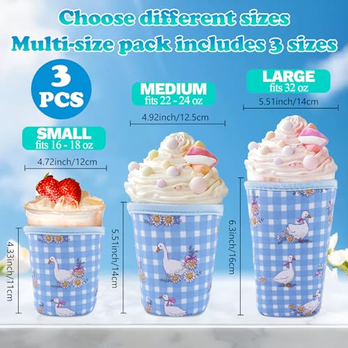 Image of 3 Packs Reusable Iced Coffee Sleeves Blue White Plaid Goose Drink Sleeve
