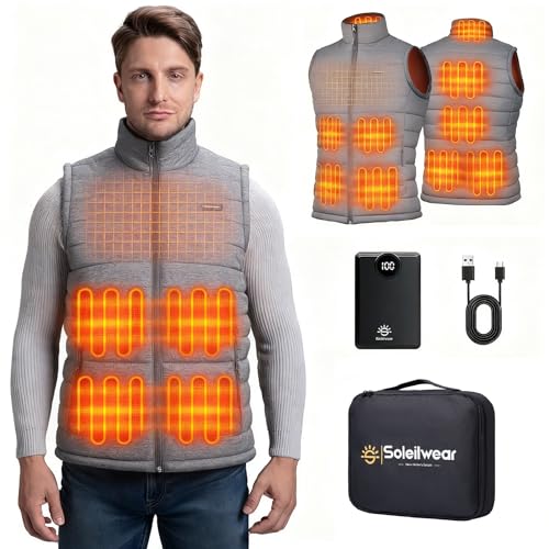 Soleilwear Heated Vest for Men, 9 Heating Zones Rechargeable Heating Vest with 12000mAh Battery Pack, Lightweight Heated Clothing for Outdoor Motorcycle Camping Hunting
