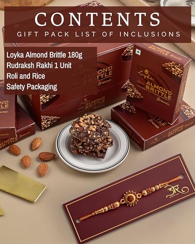 Image of Hyperfoods Rakhi With Chocolates Rakhi For Brother Chocolates Gift Pack Chocolates Gift Pack Hamper Chocolates With Rakhi Single Rakhi For Brother Almond Brittle Brownie 180Gm Rudraksh Rakhi