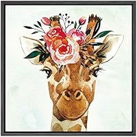 SIGNWIN Framed Canvas Wall Art Nursery Baby Giraffe with Pink, Red Flowers in Green Animals Wildlife Watercolor Impressionism Modern Portrait Fun for Living Room, Bedroom, Office - 16