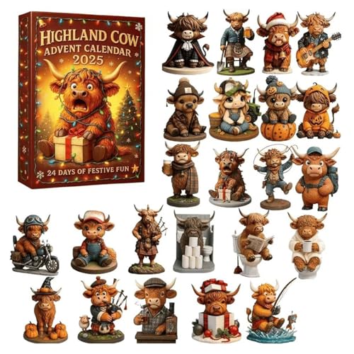 Calendrier de l'Avent 2025 Highland Cow avec 24 pendentifs surprises pour sapin
