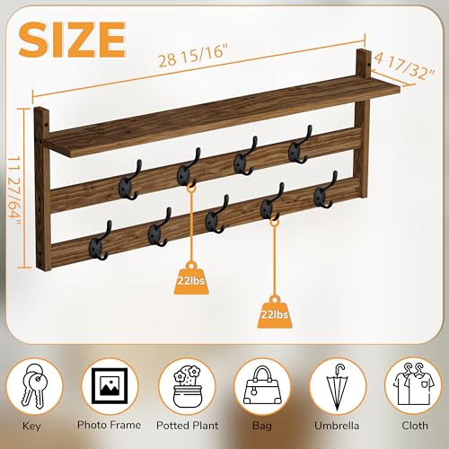 Image of AMBIRD Coat Rack Wall Mount with Shelf, 29 inch Coat Hooks Wall Mounted with 9 Metal Hooks for Entryway, Bathroom, Bedroom, Living Room, Kitchen, 2 Tier Wall Hooks for Clothes, Hat, Towel, Key, Purse