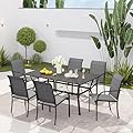 VICLLAX 7 Pieces Patio Outdoor Dining Set, 59" Metal Dining Table with Umbrella Hole and 6 Stackable Textilene Chairs for Patio, Lawn, Garden, Porch, Black Table/Grey Chairs