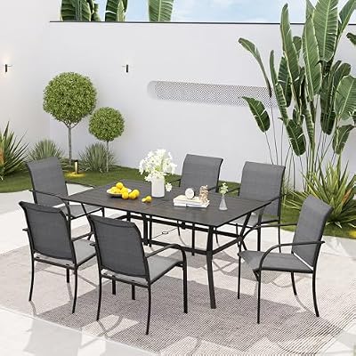 VICLLAX 7 Pieces Patio Outdoor Dining Set, 59" Metal Dining Table with Umbrella Hole and 6 Stackable Textilene Chairs for Patio, Lawn, Garden, Porch, Black Table/Grey Chairs