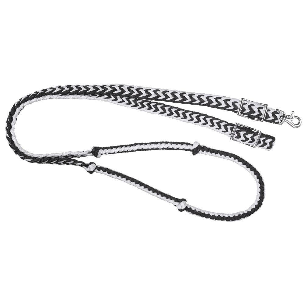 Tough 1 Knotted Cord Roping Reins, Black/White, 1" X 8'