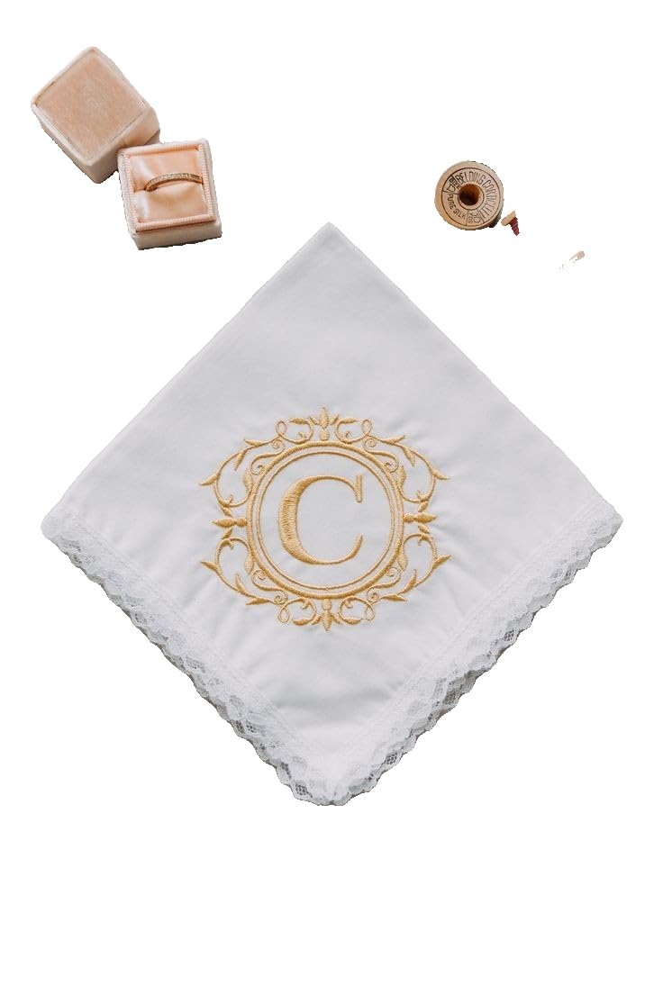 Shree adodhya personalised monogram wedding handkerchief- custom embroidered initial'C' with gold filigre scroll- white cotton lace trim hanky .set of 2.-image-18