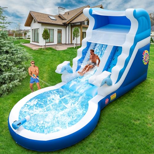 HXDOGSP Inflatable Water Slide Commercial Grade: 24FT(L) Water Bounce House for Adults & Teenagers - Big Pool, Premium PVC, Dolphin Style, Wet & Dry, 950W Blower - for Backyard Outdoor Birthday Party