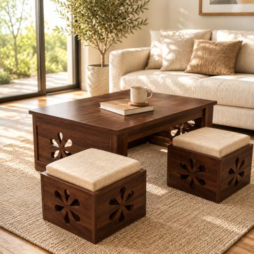 Image of Solid Sheesham Wooden Coffee Table With 2 Cushioned Stool|Teapoy Center Piece for Home Sofa Center Table for Living /Drawing Room,Hall|Space Saving Tea Table Set(Walnut Finish)Floral Jali