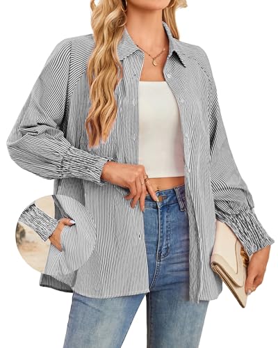 OUGES Women's Cotton Blend Oversized Striped Boyfriend Collar Shirts Long Sleeve Button Down Tops Pregnancy Must Have Blouse Maternity Fall Outfits 2025 Trendy Clothes with Pockets(Black Stripes,L)