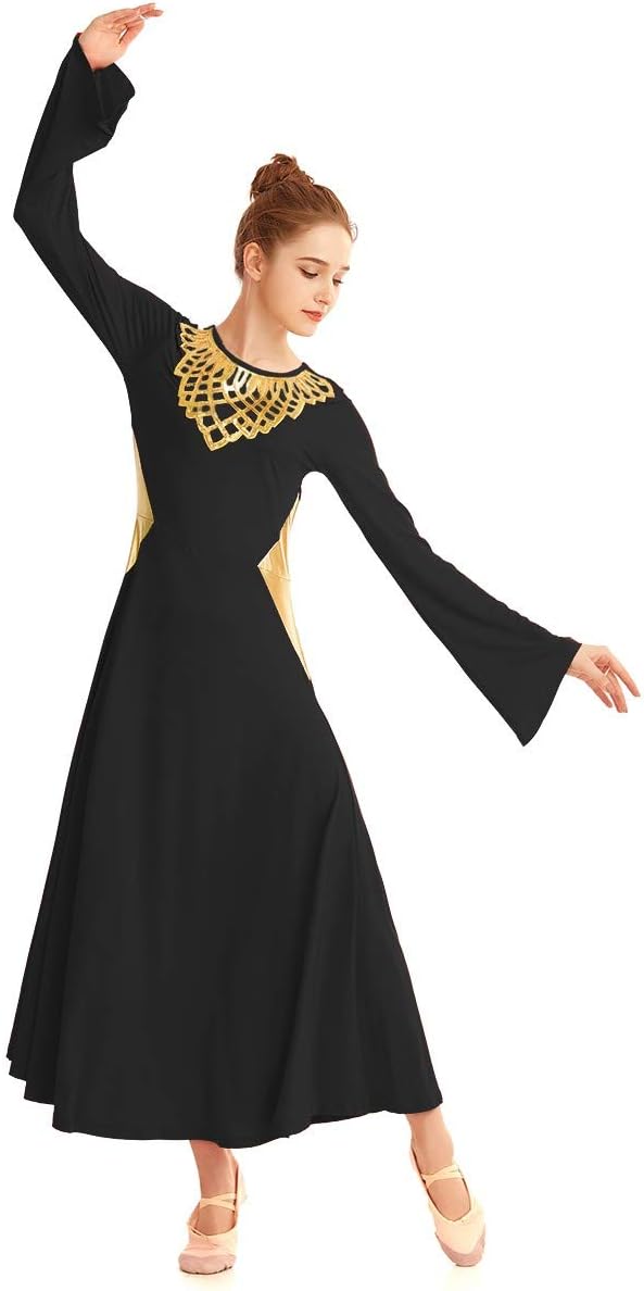 HIHCBF Women Metallic Liturgical Praise Dance Robe Lyrical Dress Bell Sleeve Flower Collar Color Block Worship Costume