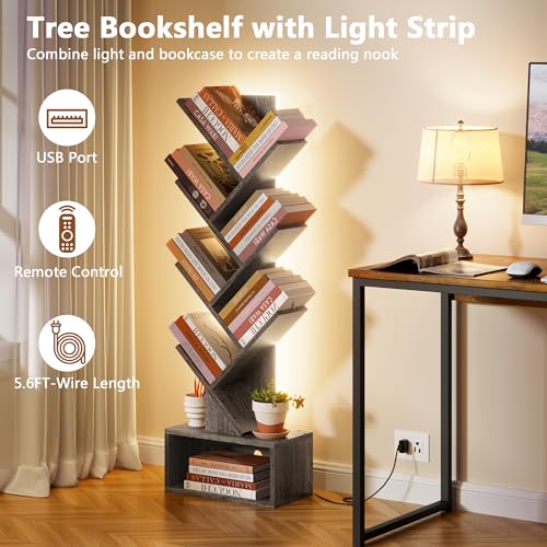 Image of Hoctieon 6 Tier Tree Bookshelf, Tall Bookcase, Freestanding Book Shelf with LED Lights, Display Floor Standing Storage Shelf, Book Organizer Shelves for Home Office, Living Room, Grey