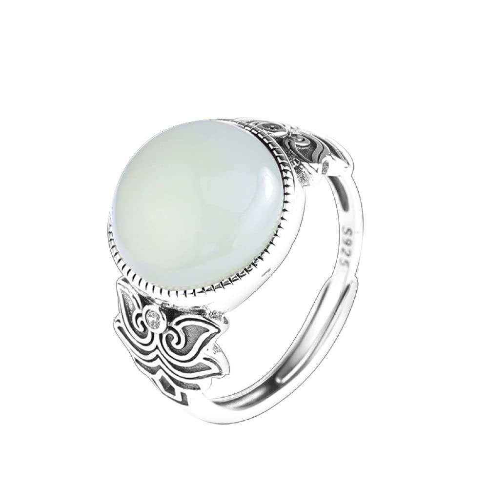 Ringe Silber, Verstellbarer Ring Für Frauen Vintage Blumenform Distressed 925 Sterling Silber Ring Natürlicher Runder Hetian Jade Edelstein Energie Charme Hochzeit Schmuck Geschenke Für Damen