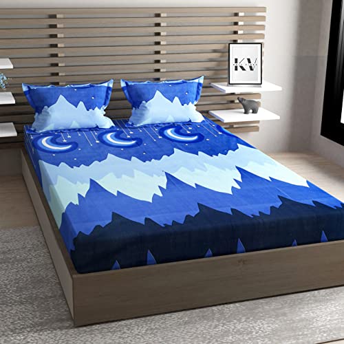 Image of Kids Moon Design Queen Size Elastic Fitted Bedsheet for Kids Room, Bedroom, Living Room, 90x100 inches, Set of 1 pc of Bedsheet & 2 Pillow Covers, Blue