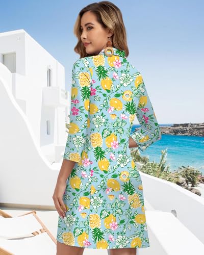 Image of WOWENY 3 /4 Sleeve Dress for Women with Pockets V Neck UPF 50+ Casual Sun Dress Breathable Quick Dry Beach Vacation