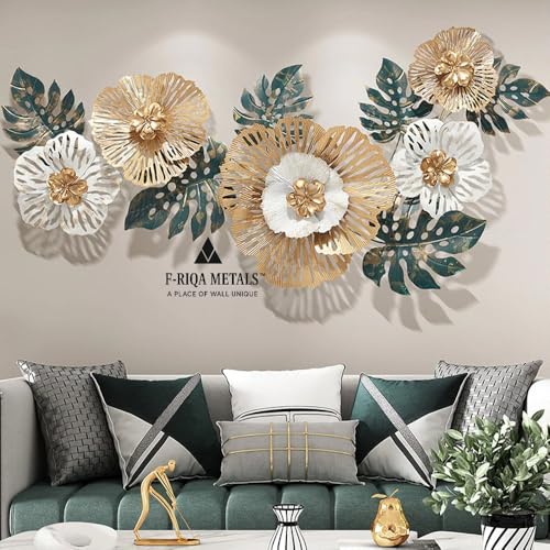 Image of F-RIQA METAL Modern Golden Floral Metal Wall Art for Living Room | Handcrafted 3D Iron Flower Wall Decor Metal Wall Art Leaf Design | Luxury Wall Hanging Decoration for Living Room, Bedroom, Hallway & Office 42x20 INCH (Americana)