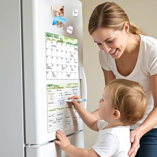 MARSROCK Refrigerator Calendar Magnetic, 16.3x11.7” (4-Pack) – Weekly & Monthly Planner, Chore Chart, Grocery/to-Do List for Fridge, Includes 8 Markers, 6 Magnets & 1 Eraser for Kitchen, Green image 2