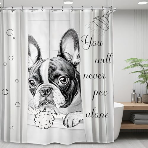 Yookeb Funny Bulldog Dog Bathroom Shower Curtain 60W by 71H Inch Animal Hilarious Pets Puppy Kids Cute Black White Interesting Polyester Fabric 12 Plastic Hooks Waterproof Decor