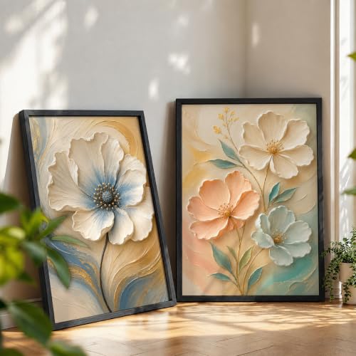 Image of NoWorries Floral Wall Painting Set of 2 with Frame | Premium White Peach & Blue Flower Botanical Artwork, Elegant Nature Wall Decor for Living Room, Bedroom, Office and Home Decoration (Art-17, 21x31inch)