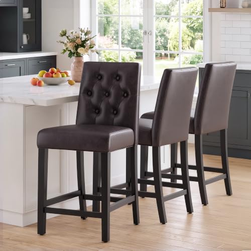 Image of MALOL Bar Stools Set of 3 Faux Leather Counter Height Bar Stools,Darkbrown