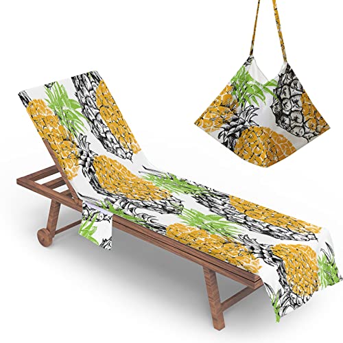 RRrawgff Sun Lounger Beach Towel with Pockets,Pineapple Pattern Beach Lounger Towel Beach Chair Cover Towel Fitted Microfiber Sunbed Towel Sun Lounger Towels for Summer Vacation (Pineapple Leaves)