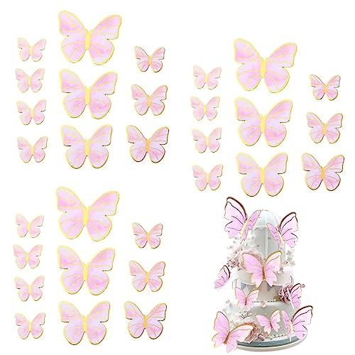 3D Butterfly Cake Topper Mixed Size Butterfly Cupcake Toppers Cake Decorations Mixed Size Butterfly Cake Topper for Birthday Theme Wedding Party Supplies Wall Decoration - 30Pcs - Pink