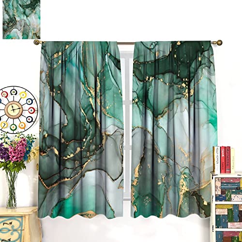 Marble Curtains Abstract Green Jade Gold Bedroom Decor Luxury Blackout Window Drapes Flow Liquid Modern Home Vintage Stone Printed Living Room Decor Fabric 2 Panels, 42W X 84L Inch Each Panel #TOP2