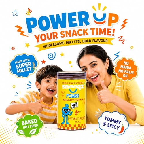 Image of Snaaqz Masala Millet Puffs Pack of 2 | Roasted Jowar Puffs 120g x 2 | Palm Oil Free Snack | Healthy Indian Millet Snack | Crunchy & Spicy Tea Time Namkeen